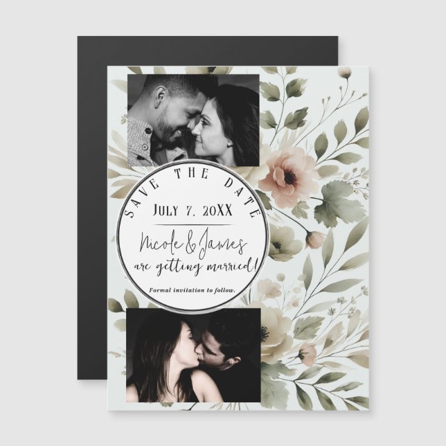 Khaki Olive Green Waterverf Floral Save Datum (Voorkant / Achterkant)