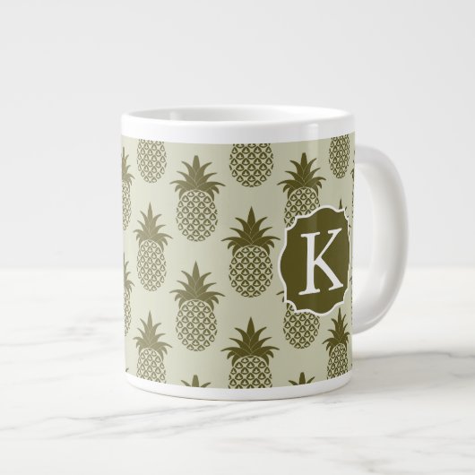 Khaki Pineapple Pattern | Voeg je Initiaal toe Extra Grote Mok (Voorkant rechts)