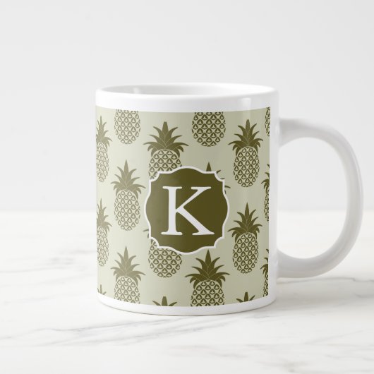 Khaki Pineapple Pattern | Voeg je Initiaal toe Extra Grote Mok (Rechts)