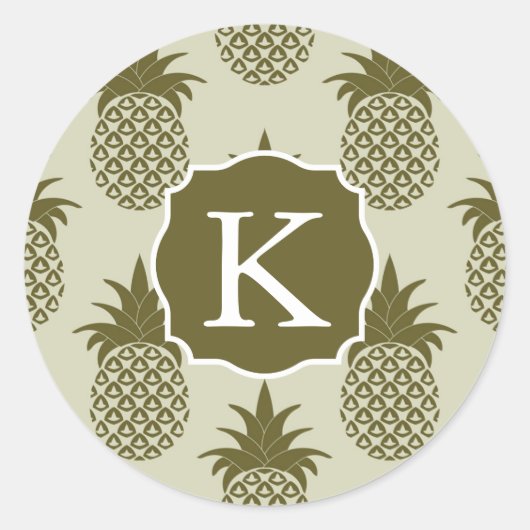 Khaki Pineapple Pattern | Voeg je Initiaal toe Ronde Sticker (Voorkant)
