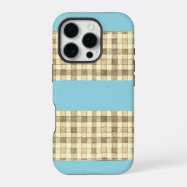 Khaki tan crème gingham blauw streep iPhone 16 hoe Pro Hoesje