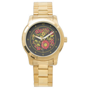 Khokhloma ~ Russische Folk Art ~ Red/Gold Flowers  Horloge