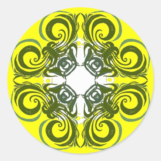 Khokhloma Yellow Green Curly Pattern Ronde Sticker (Voorkant)