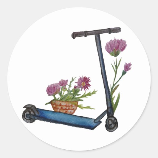Kick Scooter, Bloemen Waterverf Sticker (Voorkant)
