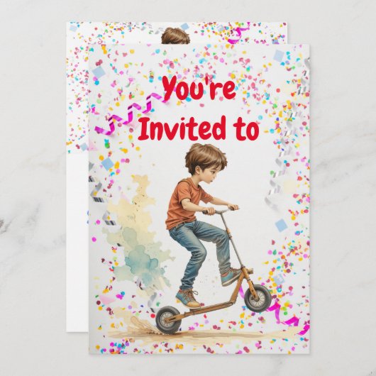 Kick Scooter Thema Verjaardagsfeestje Uitnodiging (Voorkant / Achterkant)
