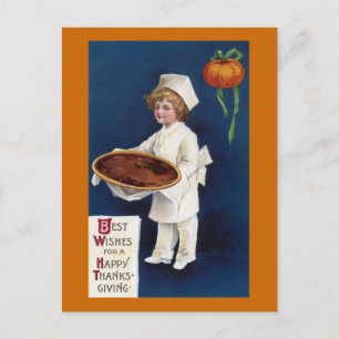 Kid Chef with Pumpkin Pie Vintage Thanksgiving Feestdagenkaart