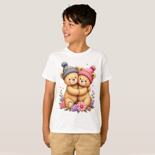 Kid T-Shirt With Two Teddy Bears With Caps (Devant entier)