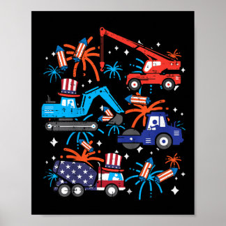 Kids 4th July Construction Trucks Vehicle Patriot  Poster