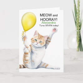 Kids 7th Birthday Cute Cartoon Cat with Name Kaart