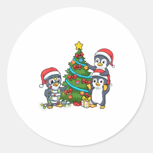 Kids Christmas Penguin Christmas Tree Lights Baubl Ronde Sticker (Voorkant)