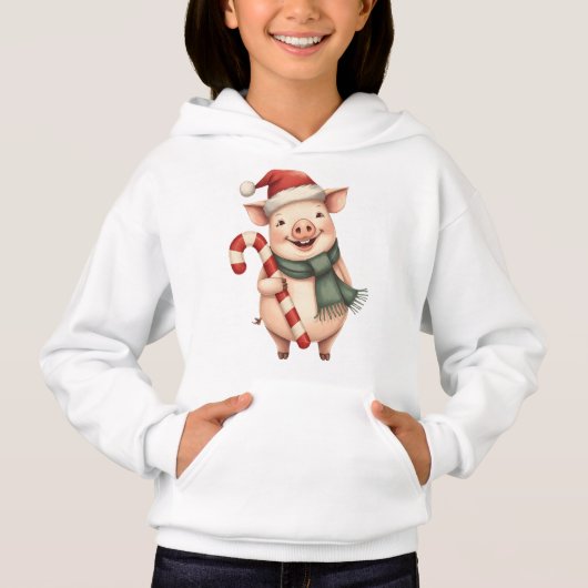 Kids Cute Christmas Pig with Candy Cane Hoodie (Devant)