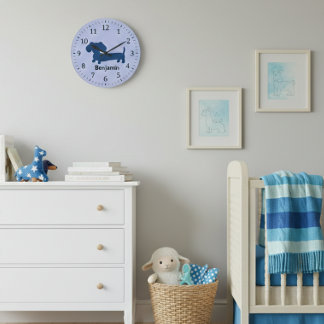 Kids Dachshund Wall Clock Blue Wiener Dog Nursery Grote Klok