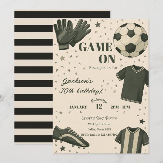 Kids Soccer Themed Birthday Invitation (Devant / Derrière)
