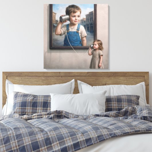 Kids Talking On a Retro Tin Can Telephone Canvas Afdruk (Insitu (Slaapkamer))