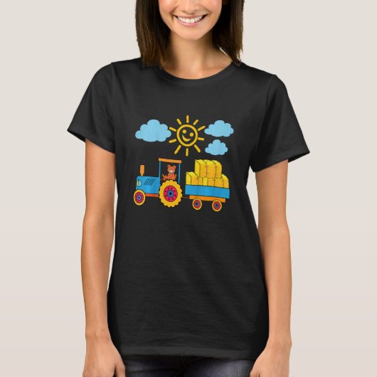 Kids Teddybear pulling a trailer with bales of hay T-shirt (Voorkant)