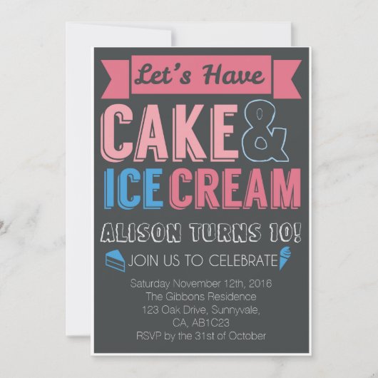 Kids Verjaardag Party Cake Ice Cream Uitnodiging (Voorkant)