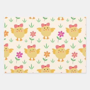 Kiekeboe Pasen Kuikens met Strikken en Bloemen Inpakpapier Vel