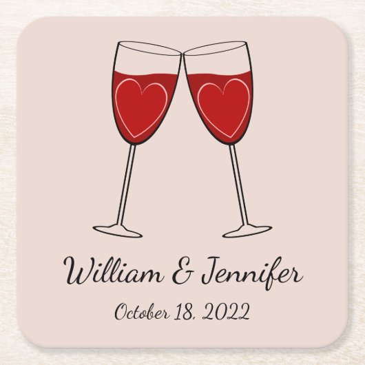 Kies Je Eigen Kleur Wijn Glas & Harten Trouwdag Vierkante Kartonnen Onderzetter (Voorkant)