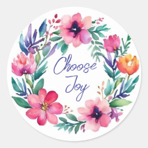 Kies voor vreugde, mooie bloemenkrans personalisee ronde sticker