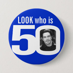 Kijk eens wie 50 foto's wit is op blauw ronde button 7,6 cm
