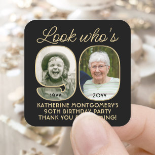 Kijk eens wie 90 is Zwarte & Gouden Verjaardagsfee Vierkante Sticker