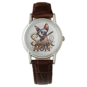 Kijk naar Brown Leather Strap   Sphynx Cat Mom Horloge