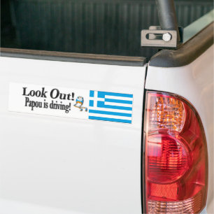 Kijk uit Papou rijdt! Griekse bumpersticker