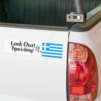 Kijk uit Papou rijdt! Griekse bumpersticker