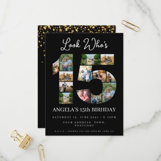 kijk wie 15 is Foto collage quinceanera uitnodigin Uitnodiging Briefkaart (Voorkant / Achterkant in situ)