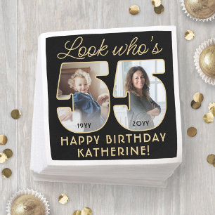 Kijk wie 55 is Verjaardagsfeest 2 Foto zwart goud Servet