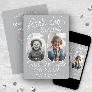 Kijk wie 65 is geworden! Moderne foto nummers verj Save The Date