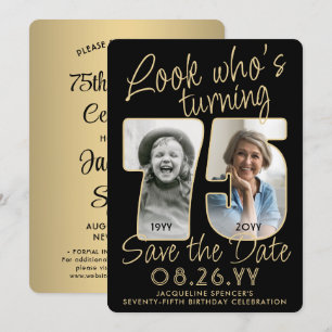 Kijk wie 75 is Zwarte & Gouden 2 Foto Verjaardagsf Save The Date