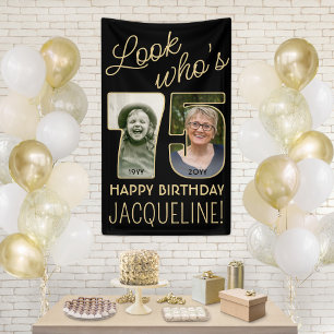 Kijk wie 75 is Zwarte & Gouden 2 Foto Verjaardagsf Spandoek