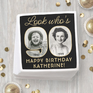 Kijk wie 90 is Zwart & Goud Verjaardag 2 Foto Servet