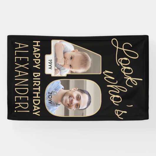 Kijk wie is 40 Zwart & Goud 2 Foto Verjaardagsfees Spandoek (Horizontaal)