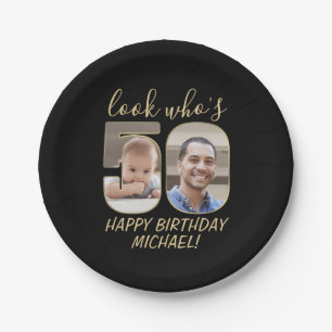 Kijk wie is 50 Zwart & Goud 2 Foto Gelukkige Verja Papieren Bordje