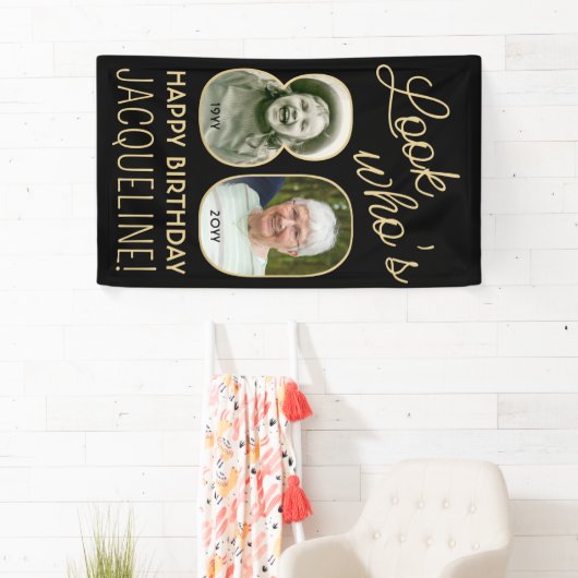 Kijk wie is 80 Zwart & Goud 2 Foto Verjaardagsfees Spandoek (Insitu)