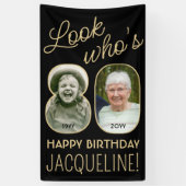Kijk wie is 80 Zwart & Goud 2 Foto Verjaardagsfees Spandoek (Verticaal)