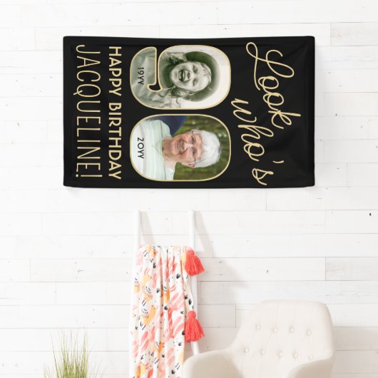 Kijk Wie is 90 Zwart & Goud 2 Foto Verjaardagsfees Spandoek (Insitu)