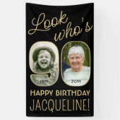 Kijk Wie is 90 Zwart & Goud 2 Foto Verjaardagsfees Spandoek (Verticaal)