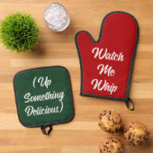 Kijk zweep omhoog grappig kerstcadeau rood groen ovenwant & pannenlap set (Top down)