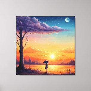 Kijken naar de Horizon - Illustratie Stijl Kunst Canvas Afdruk