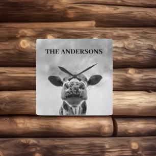 Kijkende Koe Wolken Zwart Wit  Vierkante Wandklok Klok