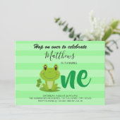 Kikker 1 verjaardagsfeestje strepen Uitnodiging (Staand voorkant)