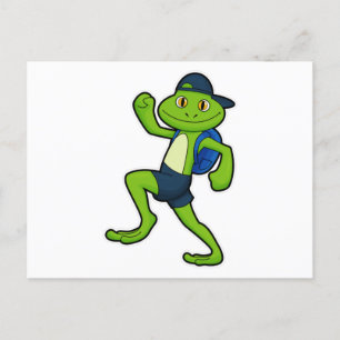 Kikker aan het hardlopen met rugzak en hoed briefkaart