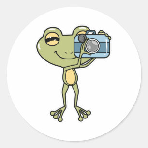 Kikker als fotograaf met camera ronde sticker