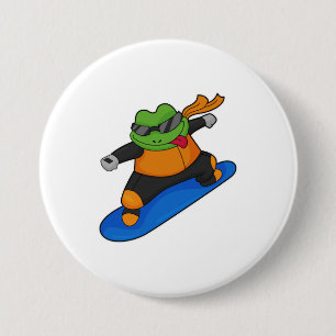 Kikker als Snowobarder met Snowboard Ronde Button 7,6 Cm