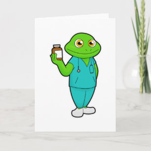 Kikker als verpleegster met medicijnen en stethosc kaart