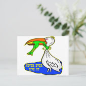 Kikker die vogel koelt, geeft nooit op briefkaart (Staand voorkant)