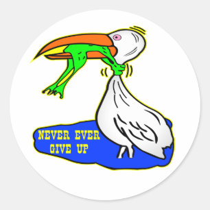 Kikker die vogel koelt, geeft nooit op ronde sticker